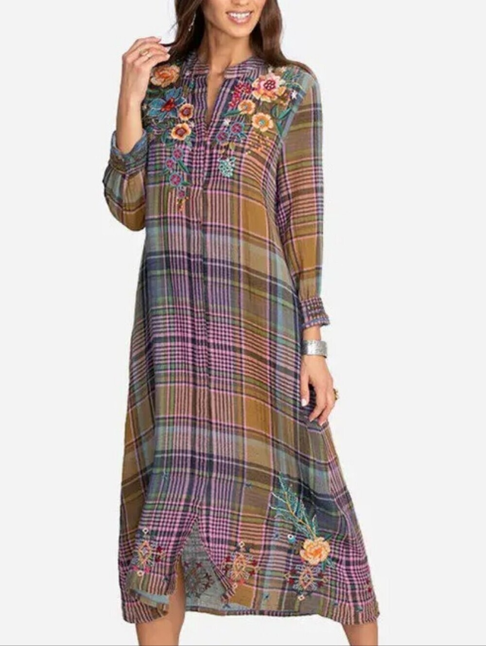 Johnny Was Boho Embroidered Francisca Seaside Cotton Shift Plaid Midi Dress
